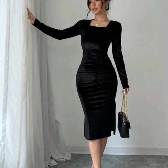 Black Velvet Crew Neck Long Sleeve Backless Bow Tie Slit Wrap Women Dress - Picture 4 of 4